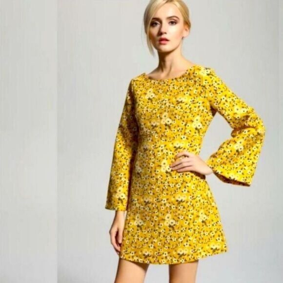Zara Yellow Floral Bell Sleeve Mini Dress Small Mod Retro Colorful Summer - Picture 2 of 11
